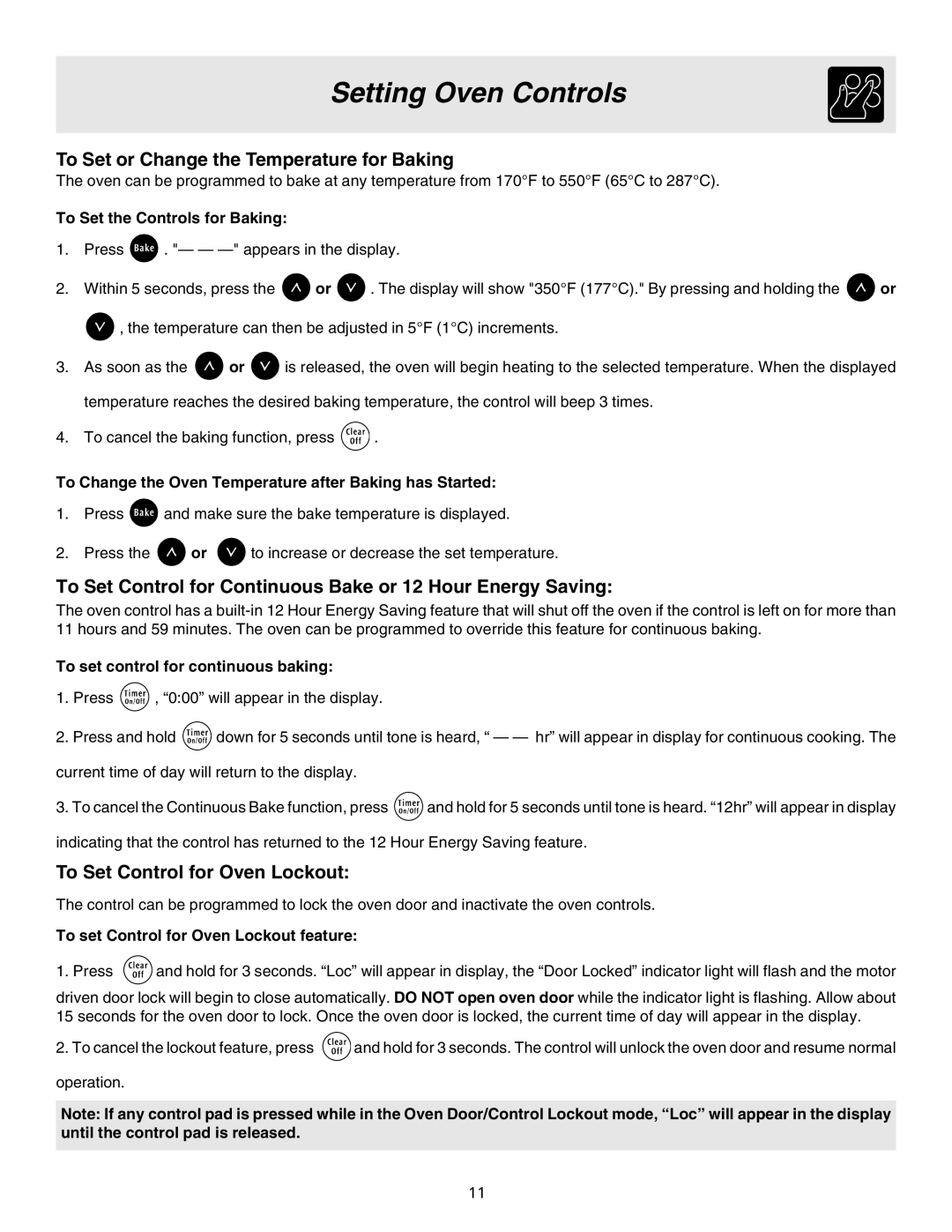 Electrolux ES200/300 manual To Set or Change the Temperature for Baking, To Set Control for Oven Lockout 