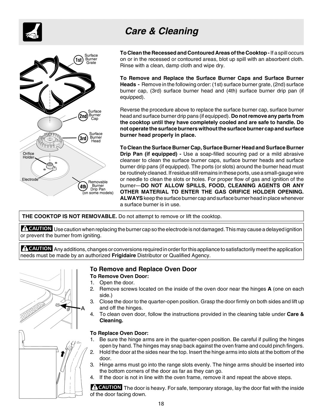 Electrolux ES200/300 manual To Remove and Replace Oven Door, To Remove Oven Door, Cleaning To Replace Oven Door 