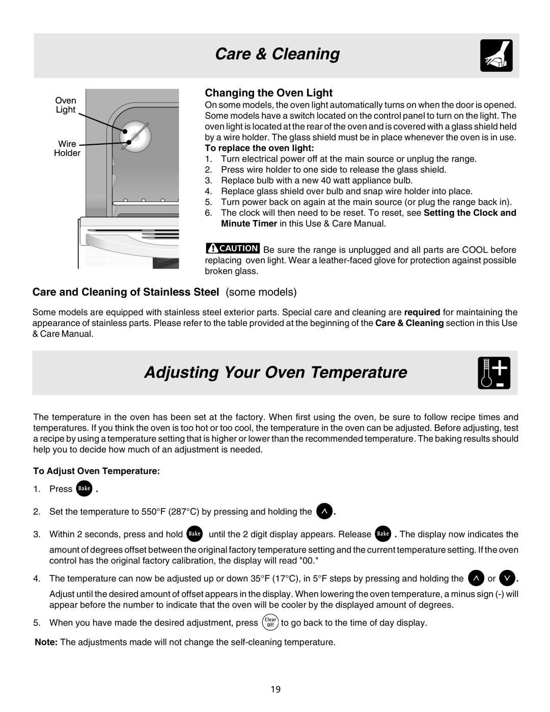 Electrolux ES200/300 manual Adjusting Your Oven Temperature, Changing the Oven Light, To replace the oven light 