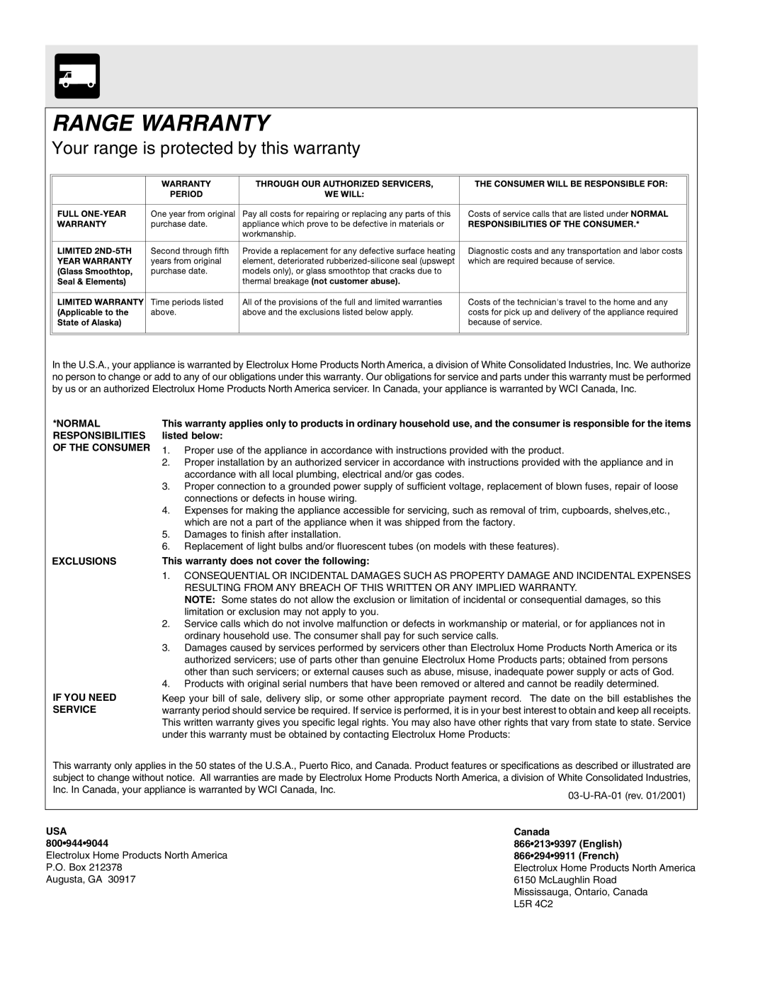 Electrolux ES200/300 manual Range Warranty 