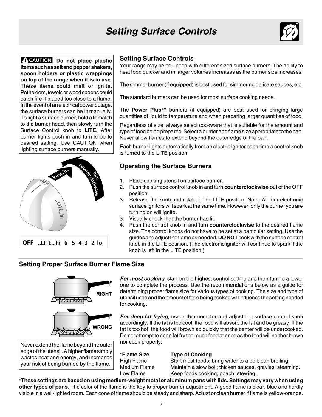 Electrolux ES200/300 Setting Surface Controls, Operating the Surface Burners, Setting Proper Surface Burner Flame Size 