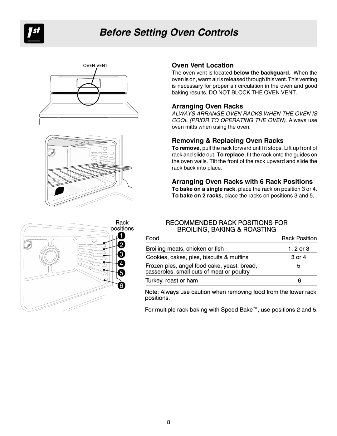 Electrolux ES200/300 manual Before Setting Oven Controls, Oven Vent Location, Arranging Oven Racks 