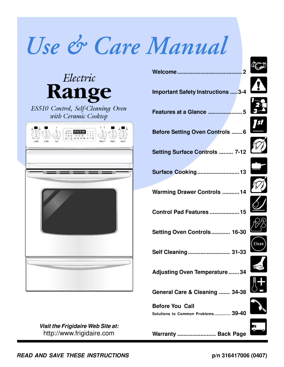 Electrolux ES510 important safety instructions Important Safety Instructions, 39-40, Warranty Back 316417006 