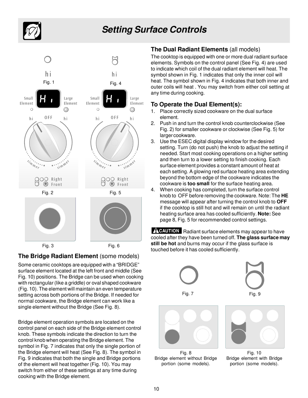 Electrolux ES510 Bridge Radiant Element some models, Dual Radiant Elements all models, To Operate the Dual Elements 