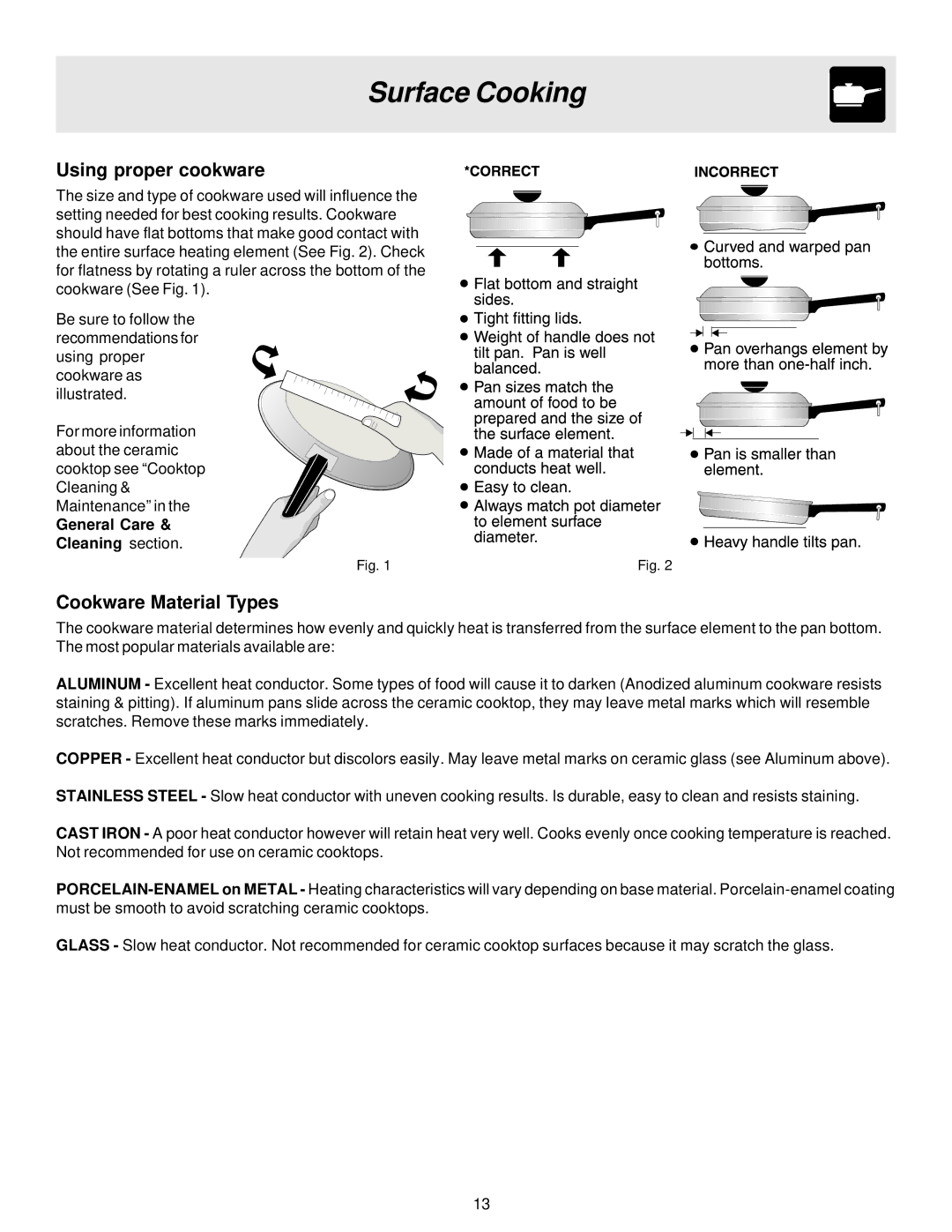 Electrolux ES510 Surface Cooking, Using proper cookware, Cookware Material Types, General Care Cleaning section 