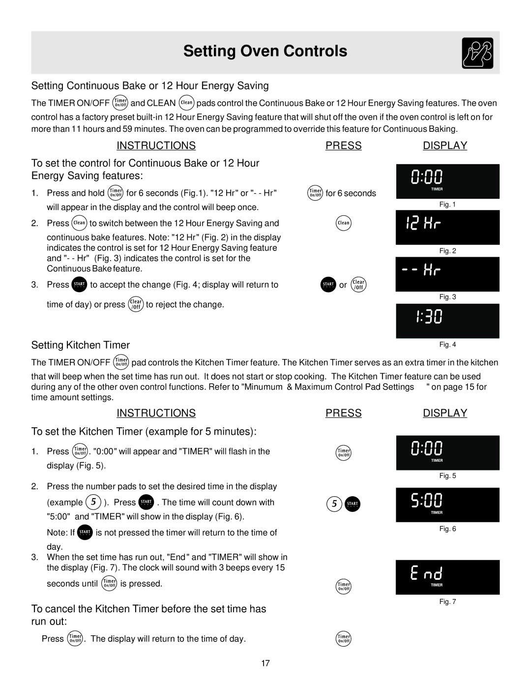 Electrolux ES510 Setting Continuous Bake or 12 Hour Energy Saving, Instructions Press, Setting Kitchen Timer 