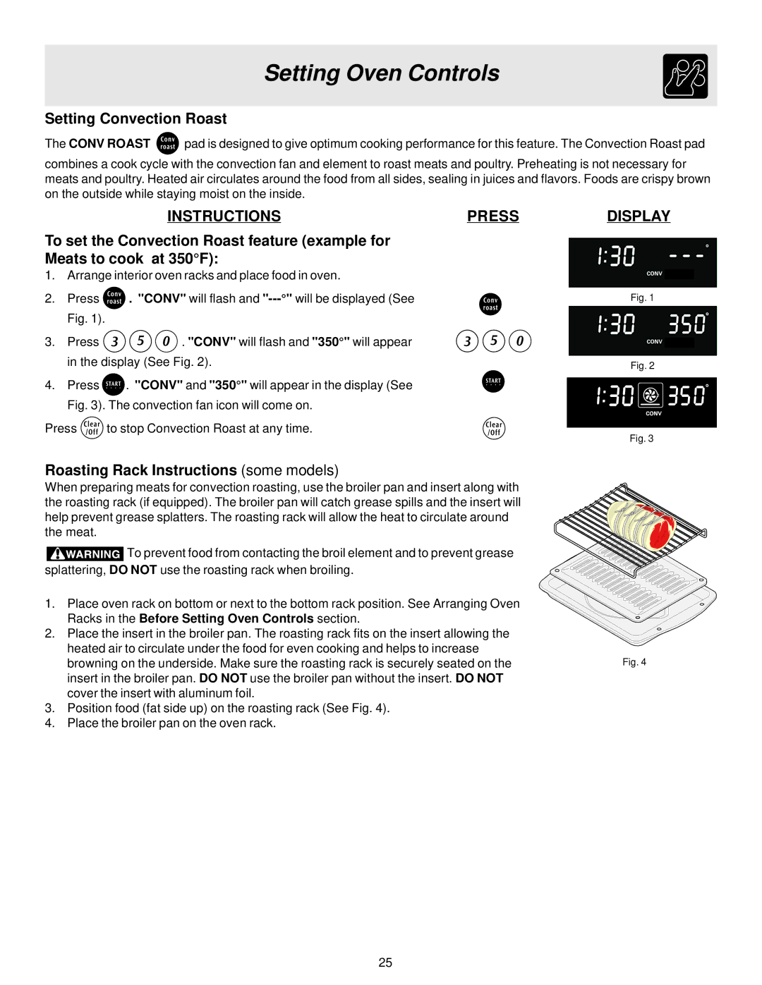 Electrolux ES510 important safety instructions Setting Convection Roast, Roasting Rack Instructions some models 