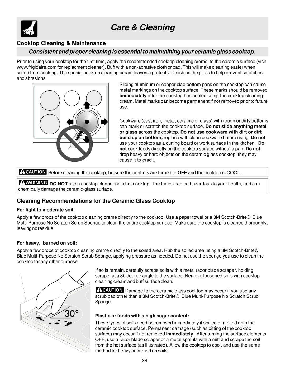 Electrolux ES510 Cooktop Cleaning & Maintenance, Cleaning Recommendations for the Ceramic Glass Cooktop 