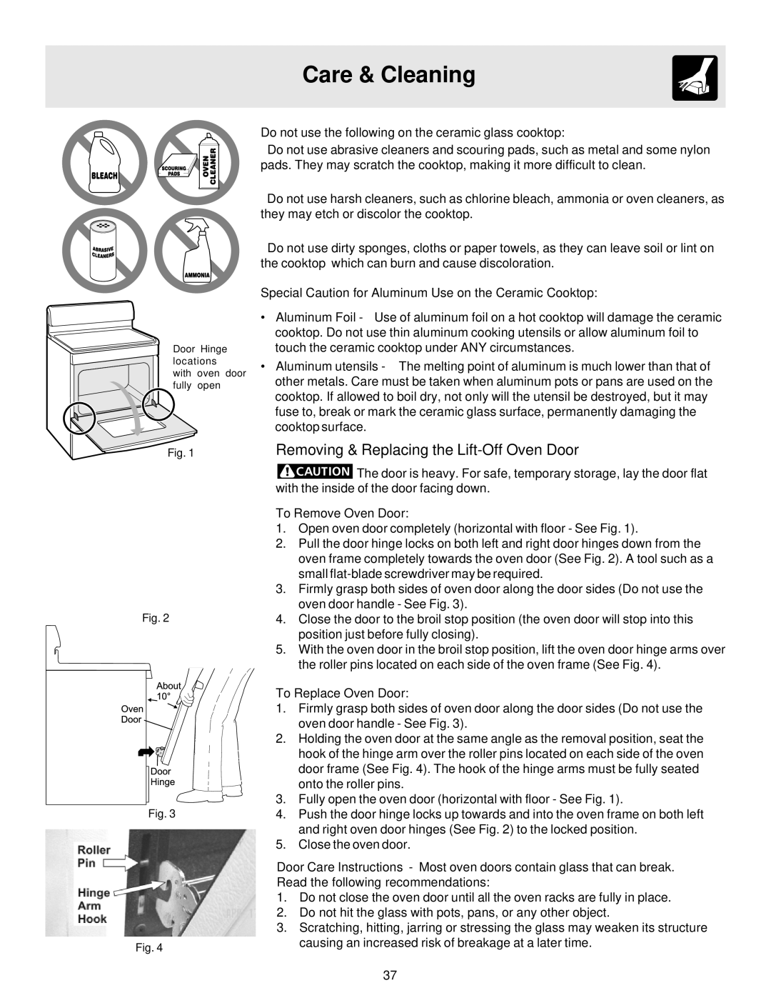 Electrolux ES510 Removing & Replacing the Lift-Off Oven Door, Do not use the following on the ceramic glass cooktop 