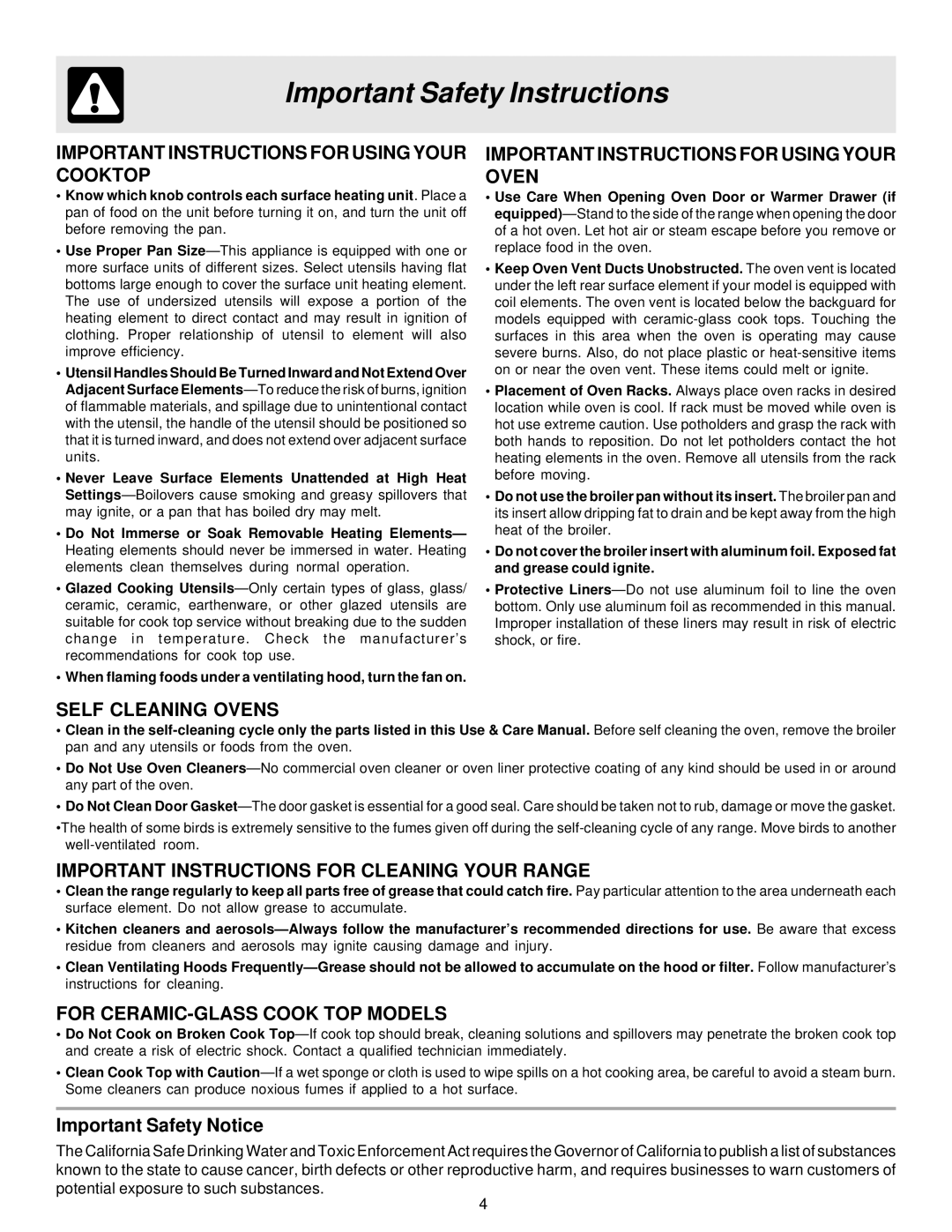 Electrolux ES510 Important Instructions for Usingyour Cooktop, Important Instructions for Cleaning Your Range 