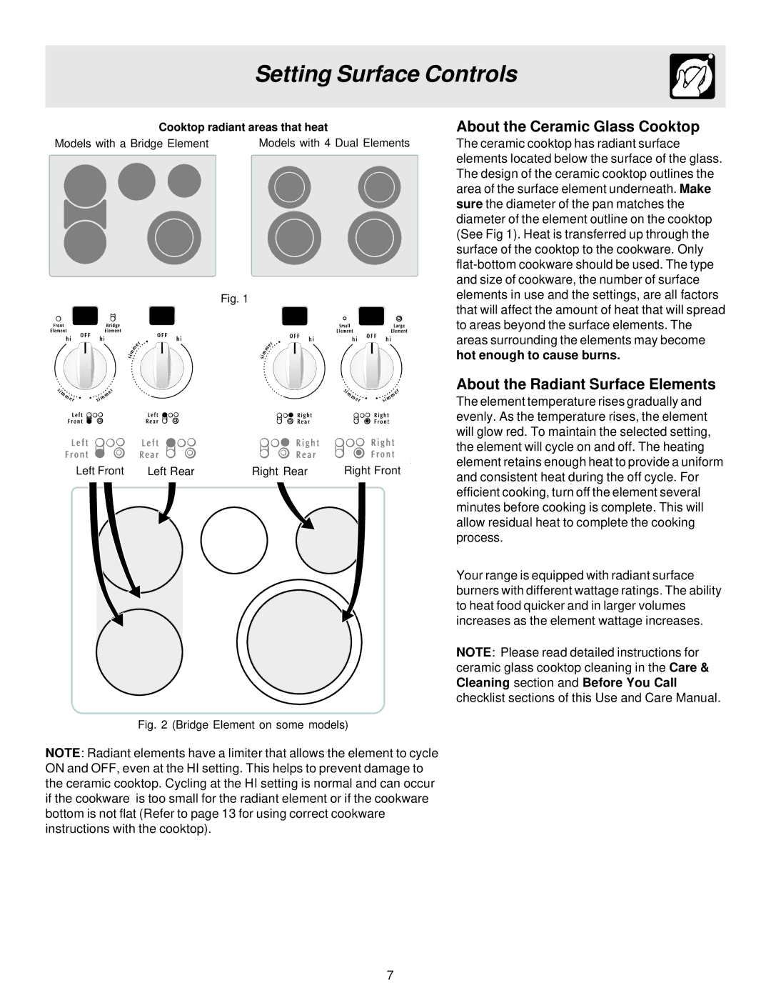 Electrolux ES510 Setting Surface Controls, About the Ceramic Glass Cooktop, About the Radiant Surface Elements 