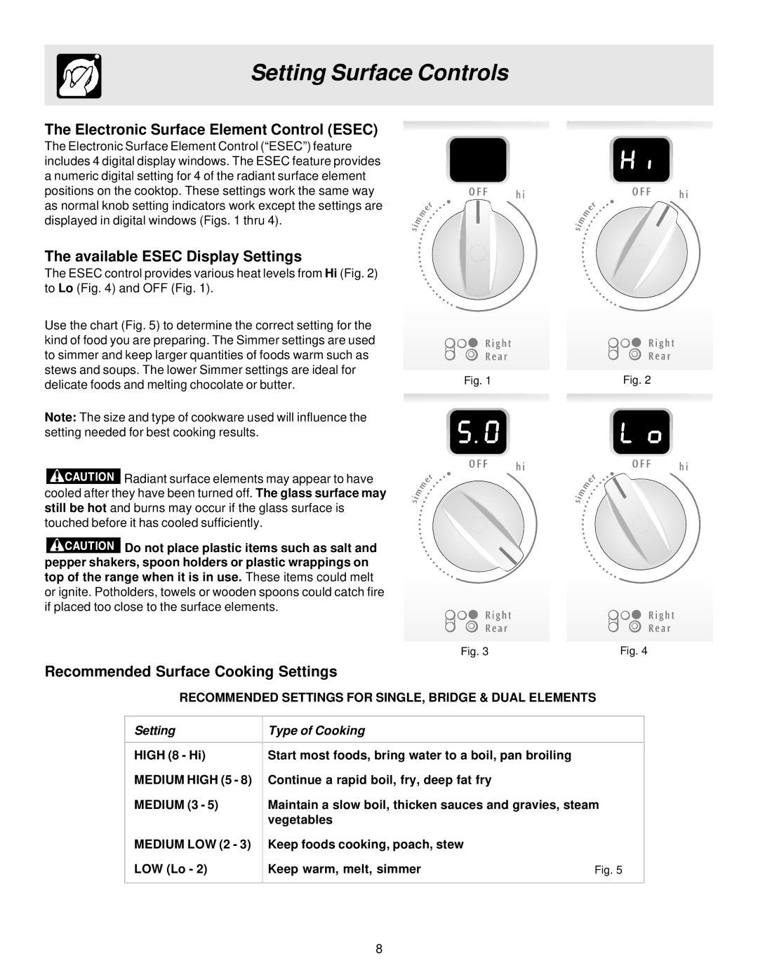 Electrolux ES510 important safety instructions Electronic Surface Element Control Esec, Available Esec Display Settings 