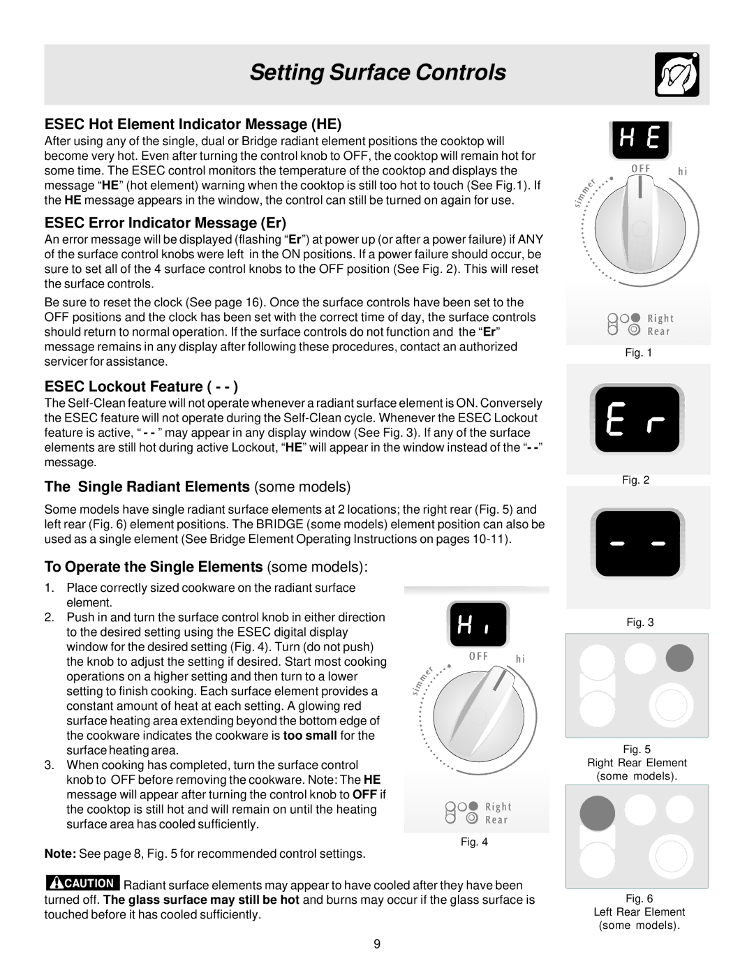 Electrolux ES510 Esec Hot Element Indicator Message HE, Esec Error Indicator Message Er, Esec Lockout Feature 