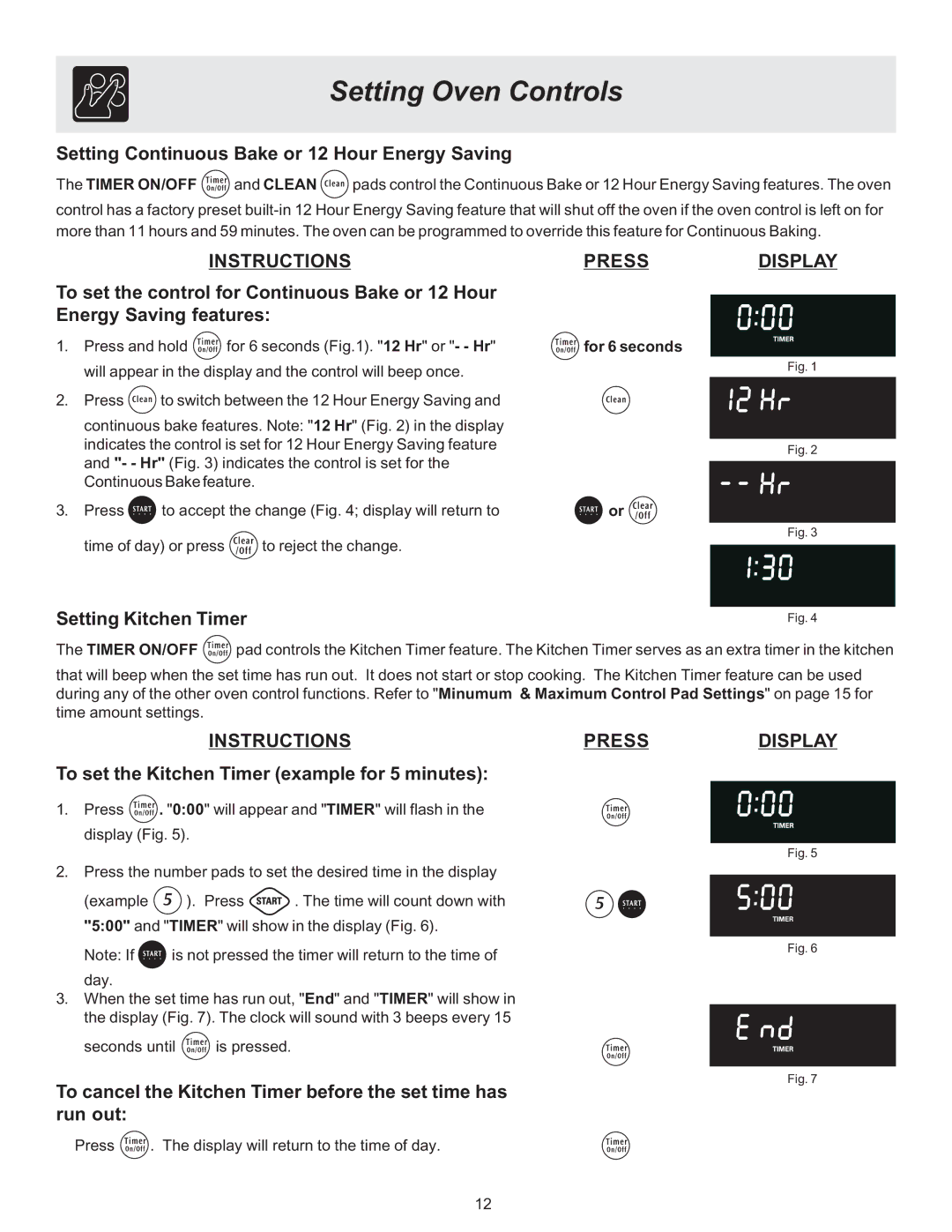 Electrolux ES510L manual Setting Continuous Bake or 12 Hour Energy Saving, Instructions Press, Setting Kitchen Timer 