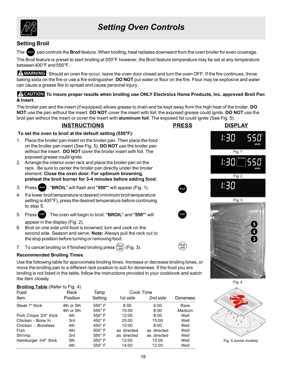 Electrolux ES510L manual Setting Broil, Instructionspress, To set the oven to broil at the default setting 550F 