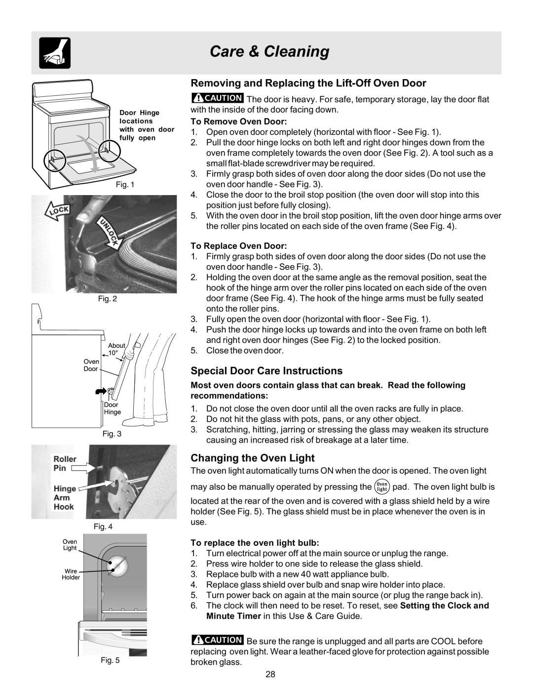 Electrolux ES510L Removing and Replacing the Lift-Off Oven Door, Special Door Care Instructions, Changing the Oven Light 