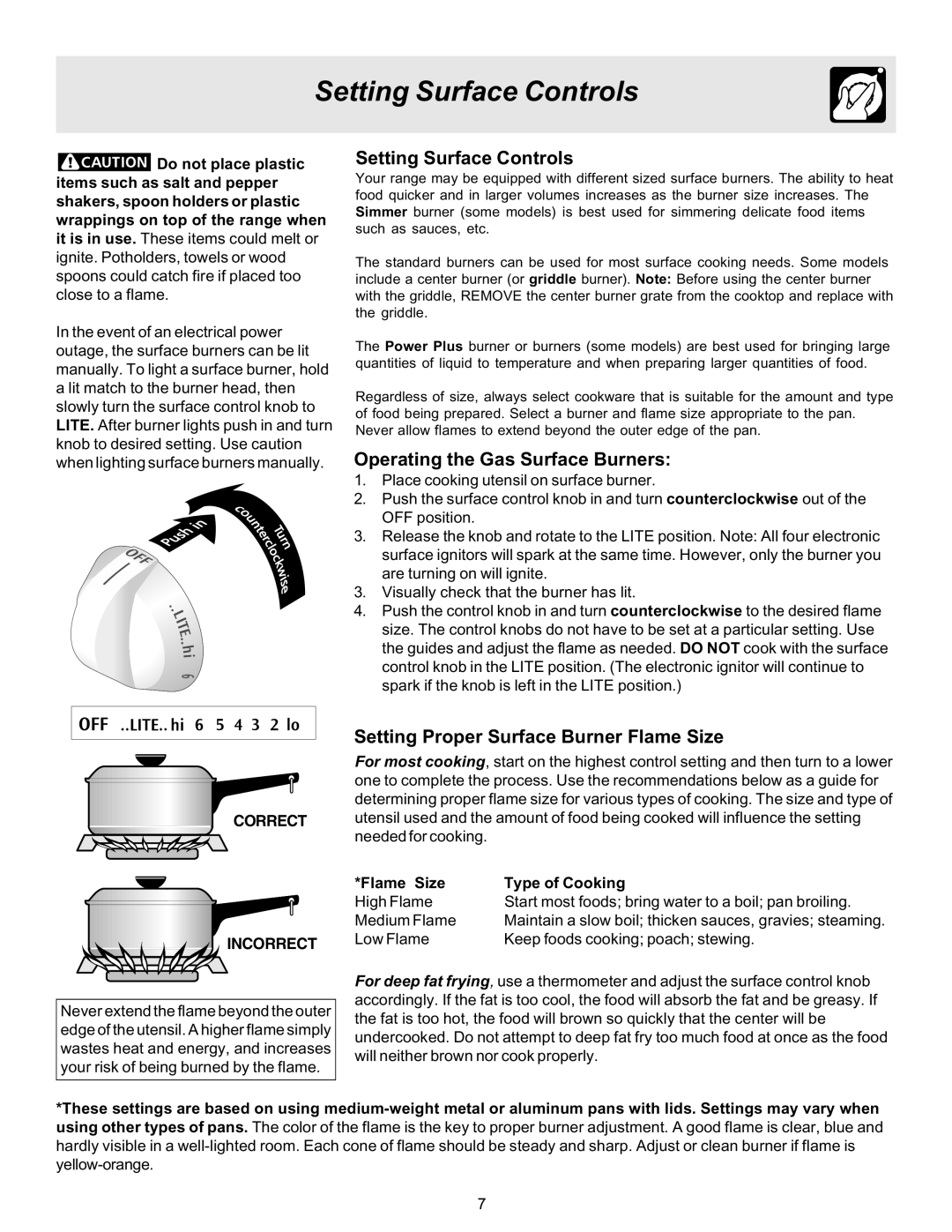 Electrolux ES510L Setting Surface Controls, Operating the Gas Surface Burners, Setting Proper Surface Burner Flame Size 