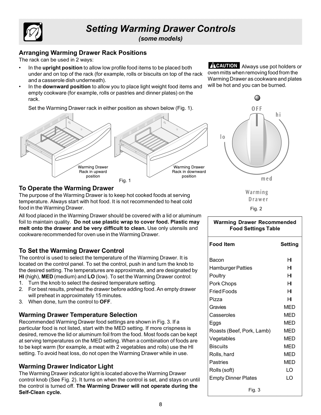 Electrolux ES510L Arranging Warming Drawer Rack Positions, To Operate the Warming Drawer, Warming Drawer Indicator Light 