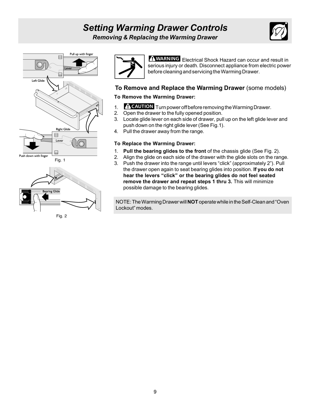 Electrolux ES510L manual Setting Warming Drawer Controls, To Remove and Replace the Warming Drawer some models 