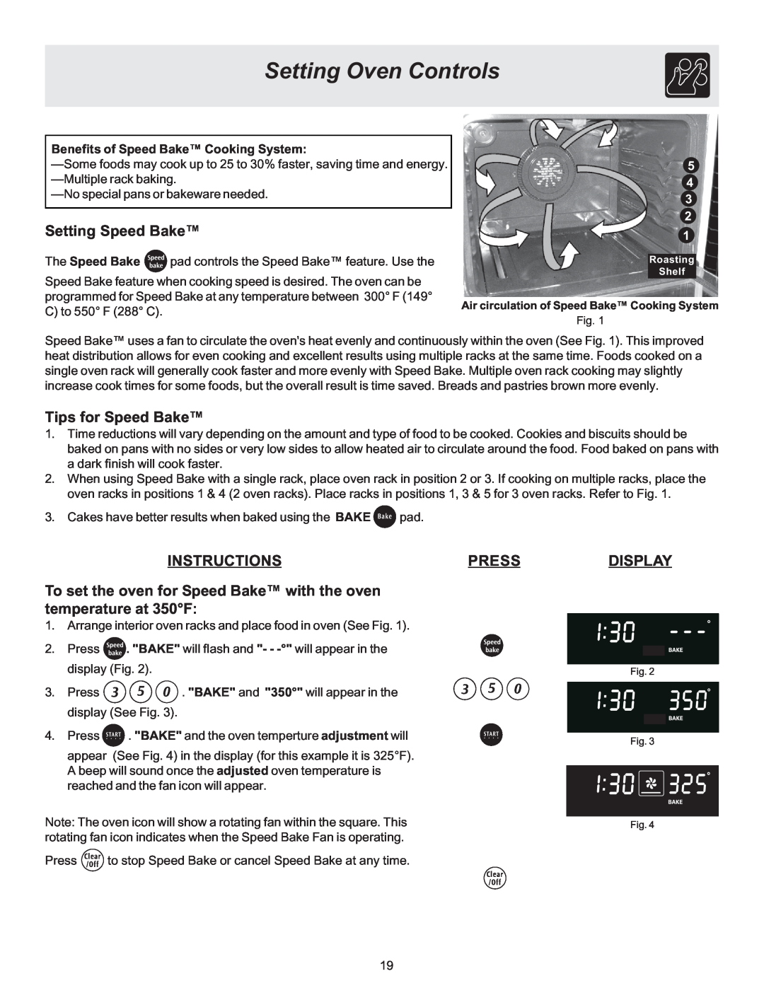 Electrolux ES510L manual Setting Speed Bake, Tips for Speed Bake, Setting Oven Controls, Instructions, Press, Display 