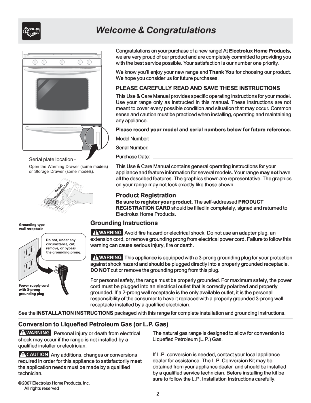 Electrolux ES510L manual Welcome & Congratulations, Product Registration, Grounding Instructions 