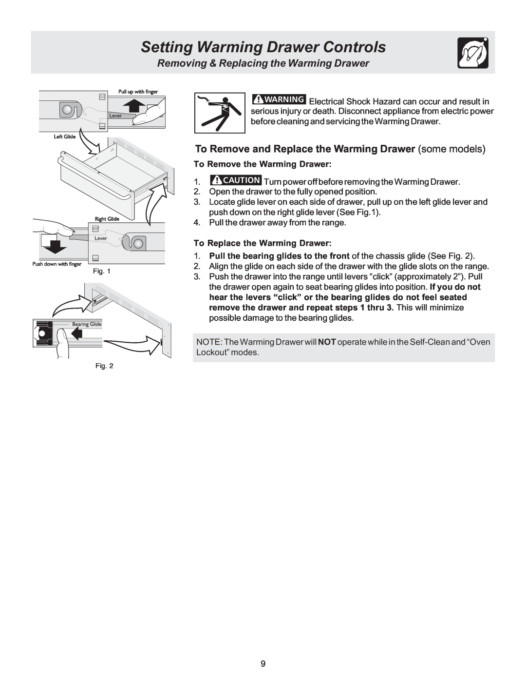 Electrolux ES510L manual Setting Warming Drawer Controls, Removing & Replacing the Warming Drawer 