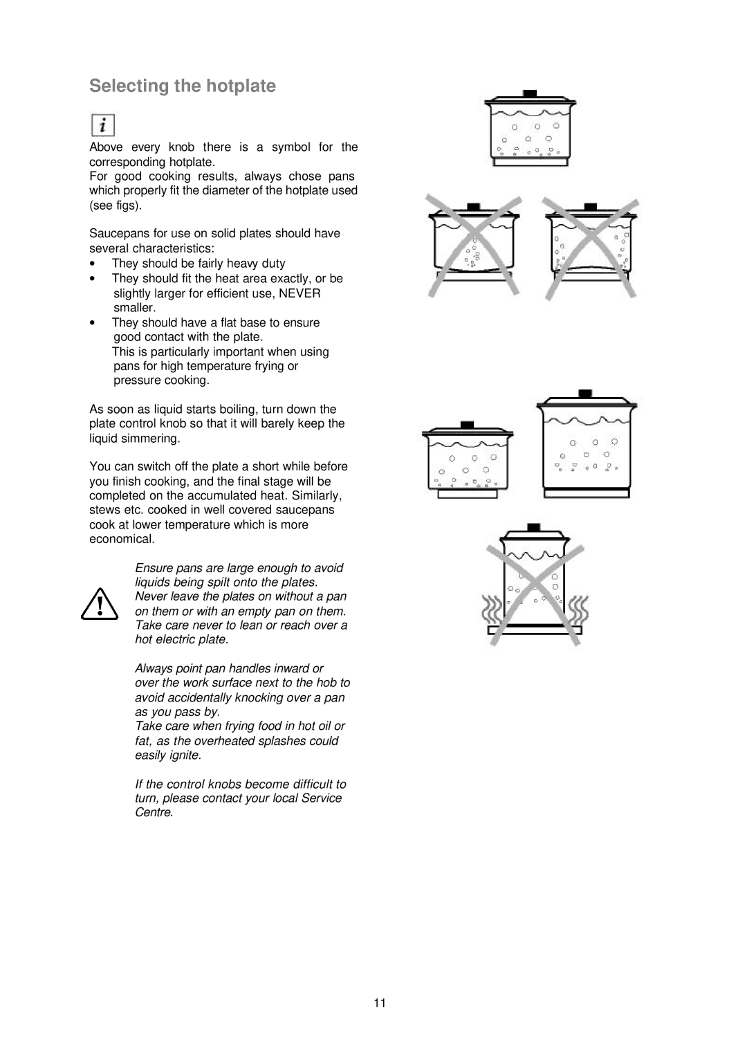 Electrolux ESC5060W manual Selecting the hotplate 