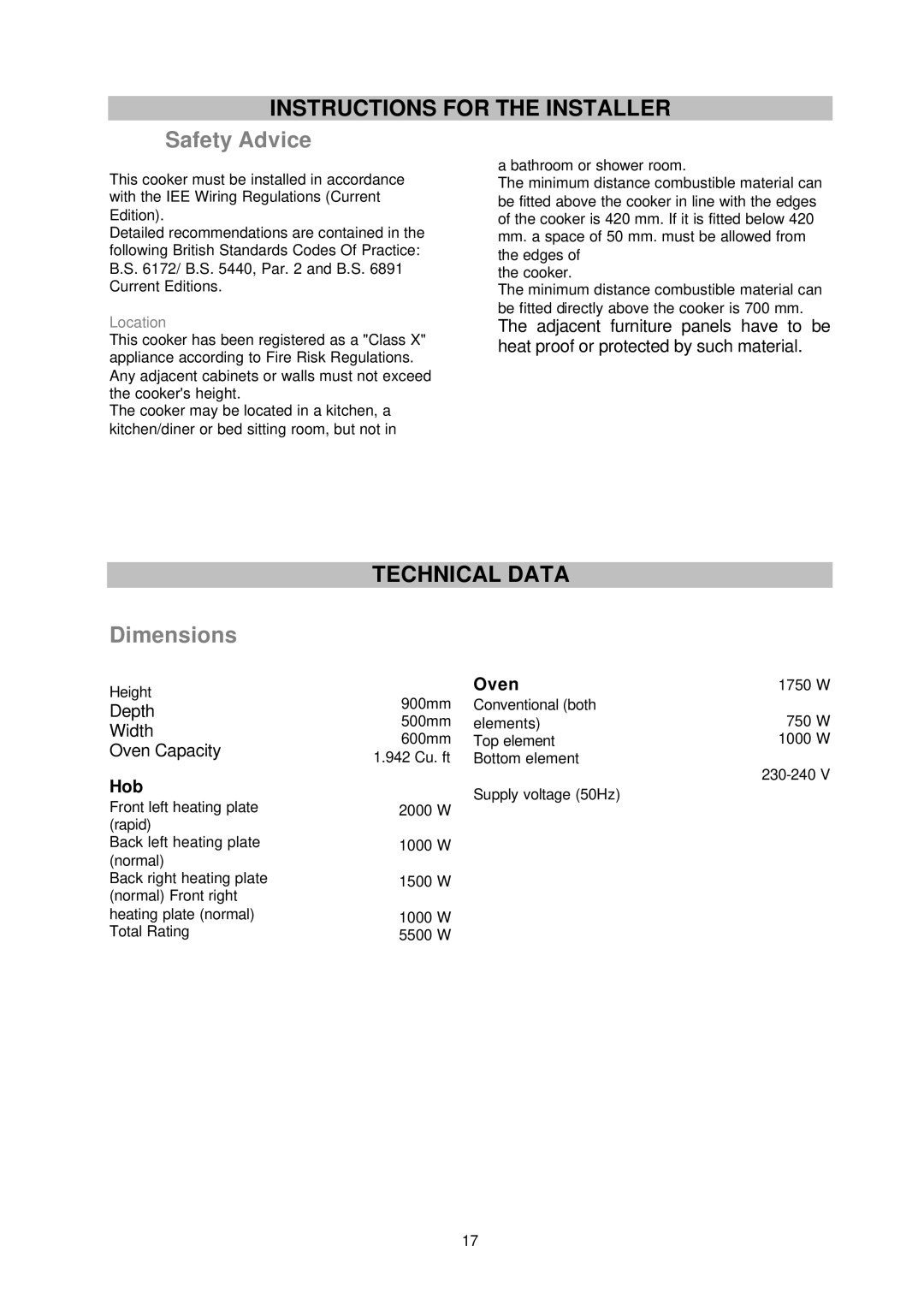 Electrolux ESC5060W manual Instructions for the Installer, Safety Advice, Dimensions, Technical Data, Oven 