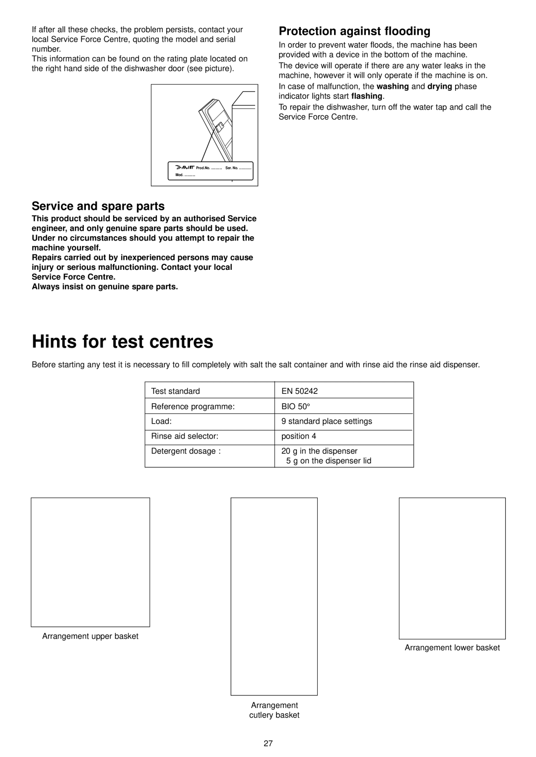 Electrolux ESF 4120 manual Hints for test centres, Protection against flooding, Service and spare parts, Drying 