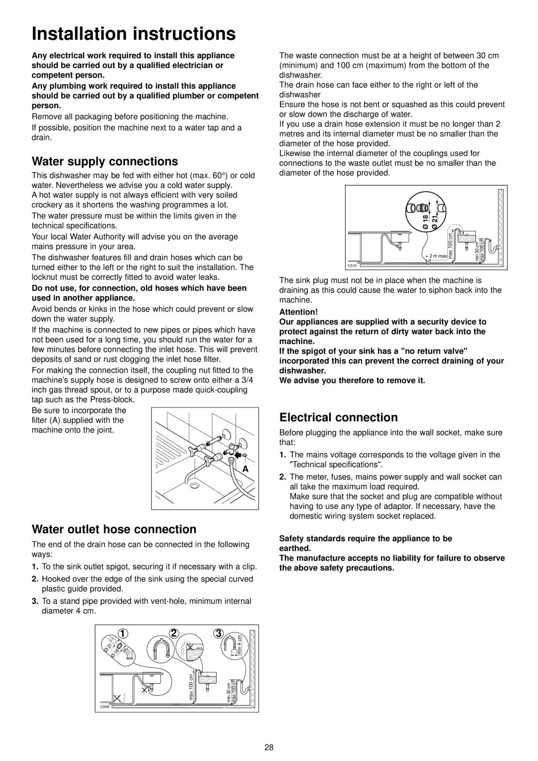 Electrolux ESF 4120 manual Installation instructions, Water supply connections, Electrical connection 