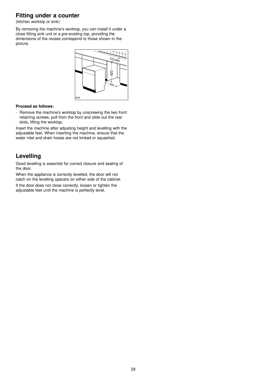 Electrolux ESF 4120 manual Fitting under a counter, Levelling, Kitchen worktop or sink, Proceed as follows 