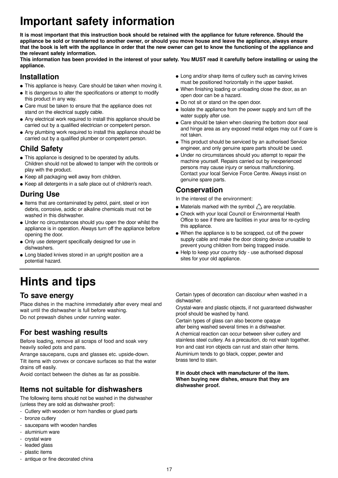 Electrolux ESF 4120 manual Important safety information, Hints and tips 