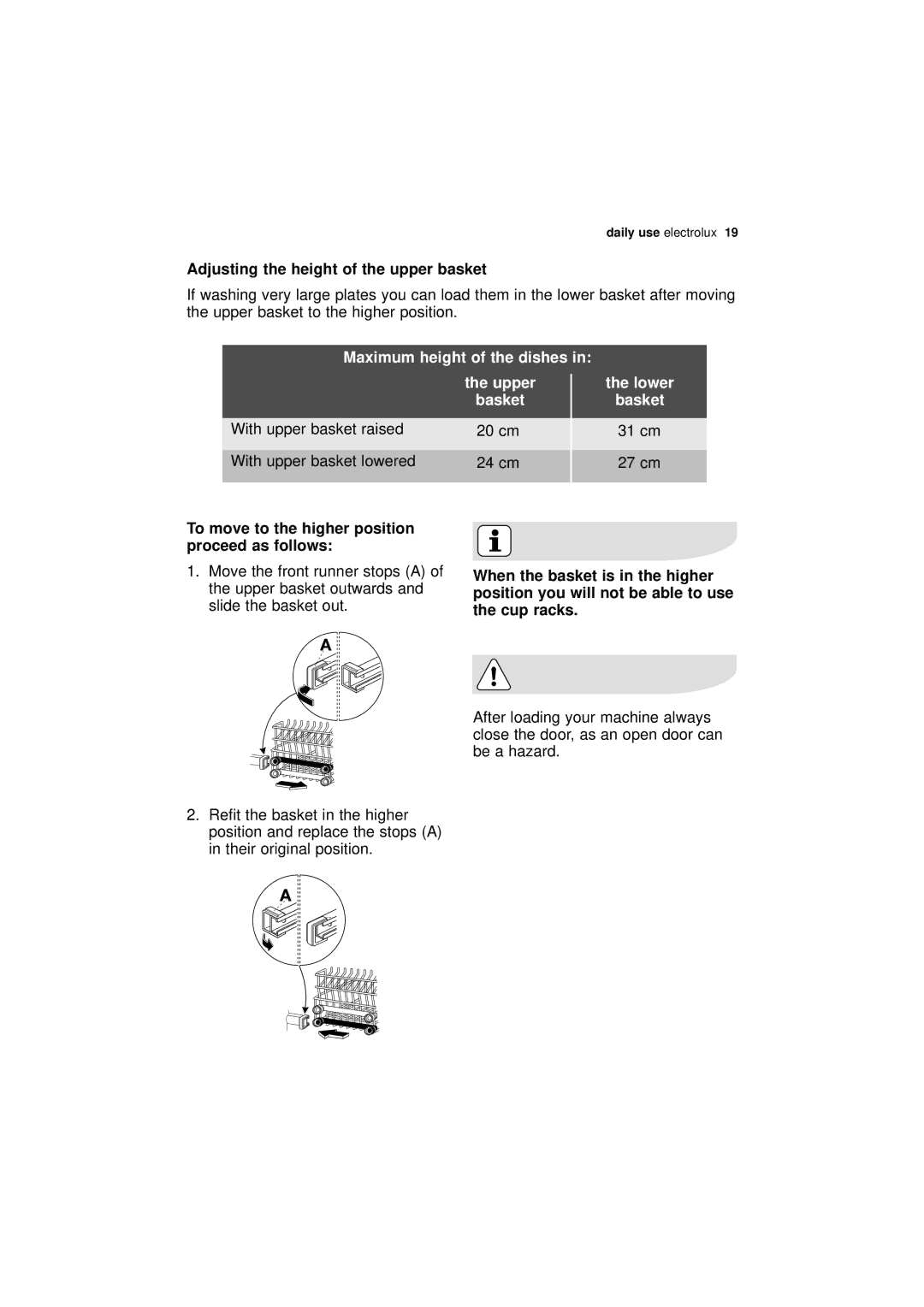 Electrolux ESF 43010 Adjusting the height of the upper basket, Maximum height of the dishes Upper Basket, Lower Basket 