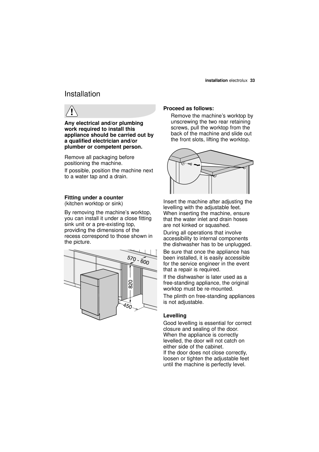 Electrolux ESF 43010 Installation, Fitting under a counter kitchen worktop or sink, Proceed as follows, Levelling 