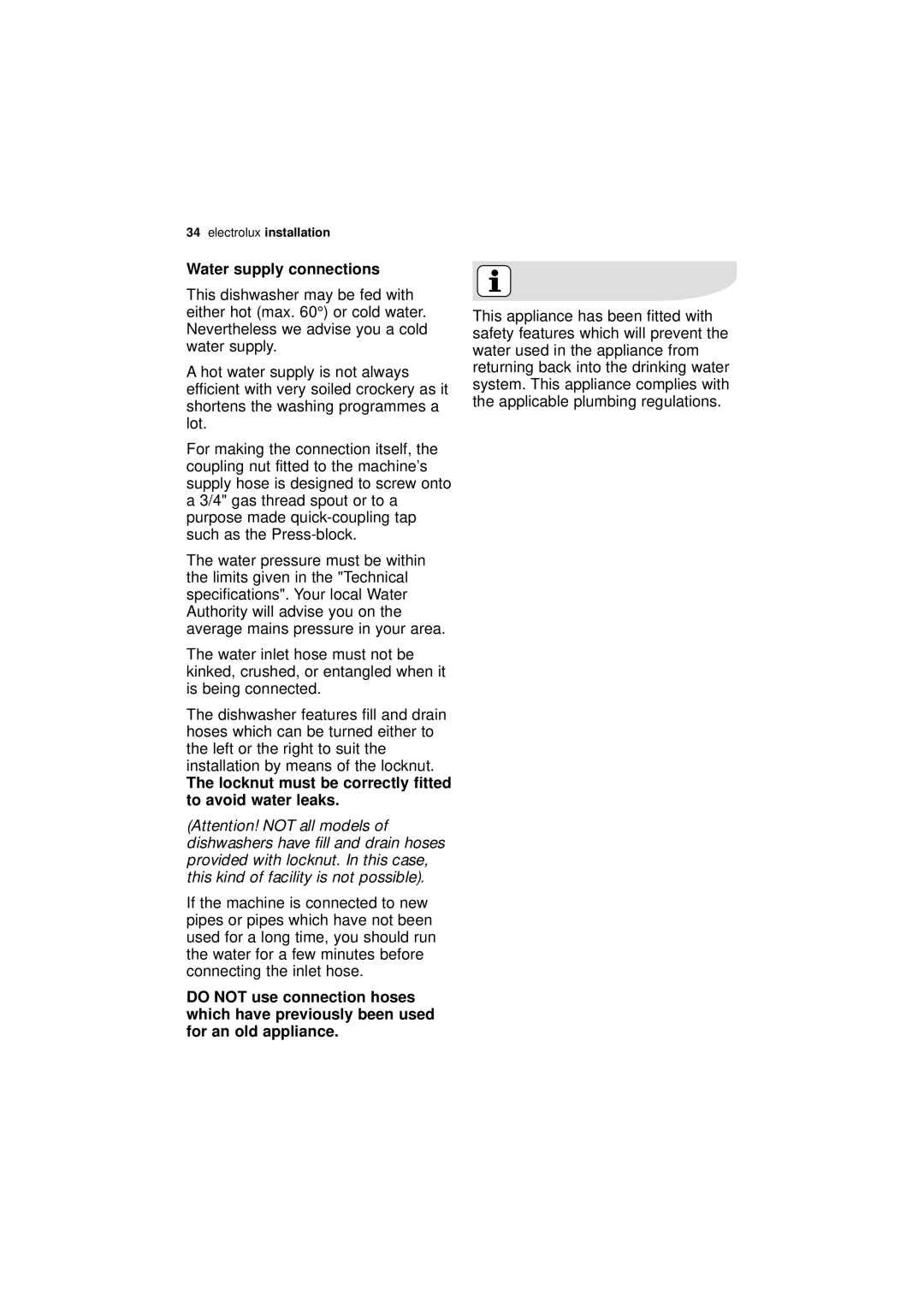 Electrolux ESF 43010 user manual Water supply connections, Locknut must be correctly fitted to avoid water leaks 