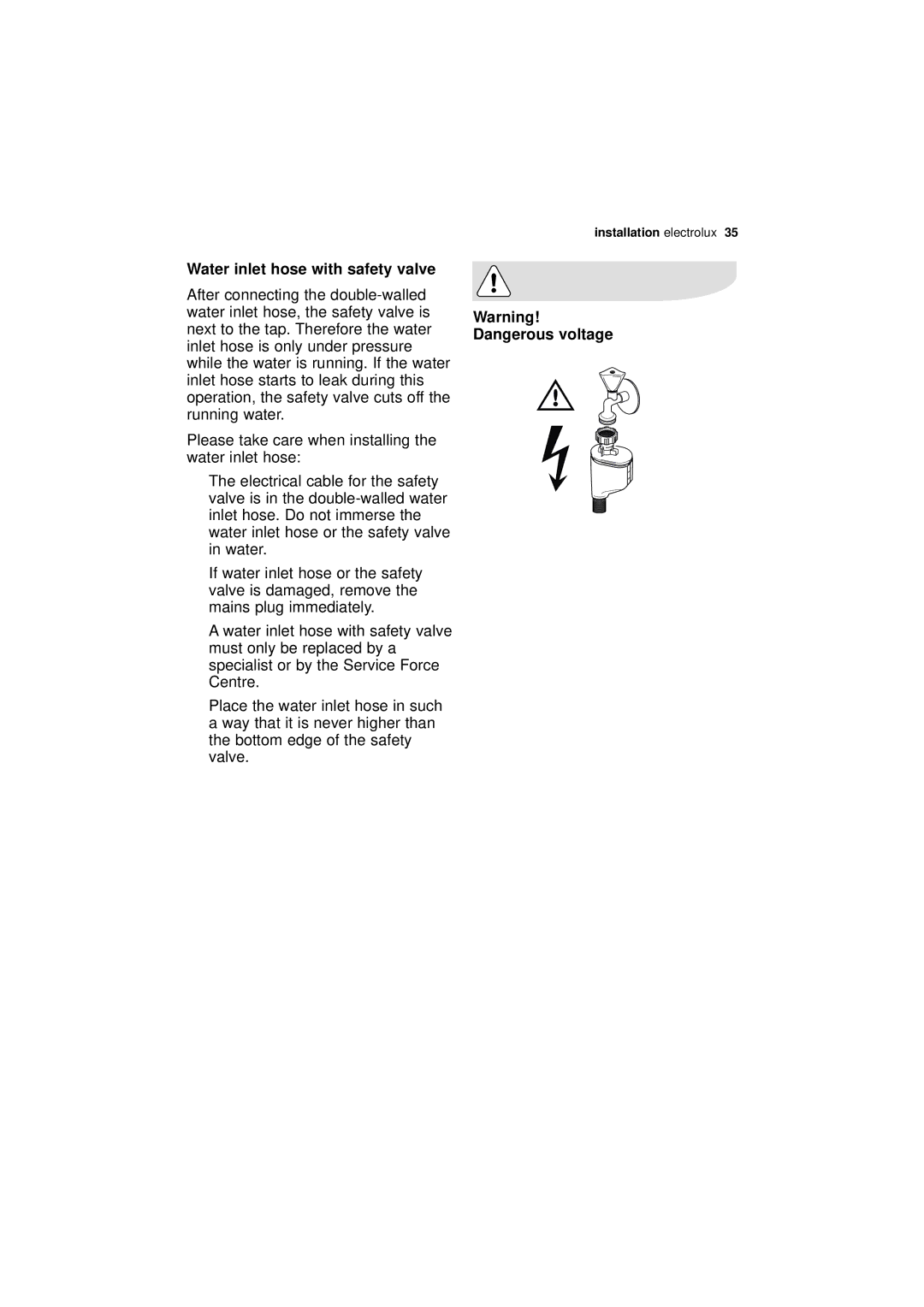 Electrolux ESF 43010 user manual Water inlet hose with safety valve 