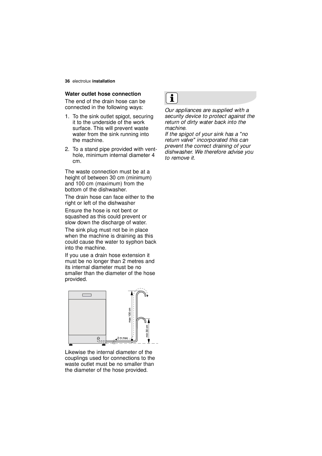 Electrolux ESF 43010 user manual Water outlet hose connection 