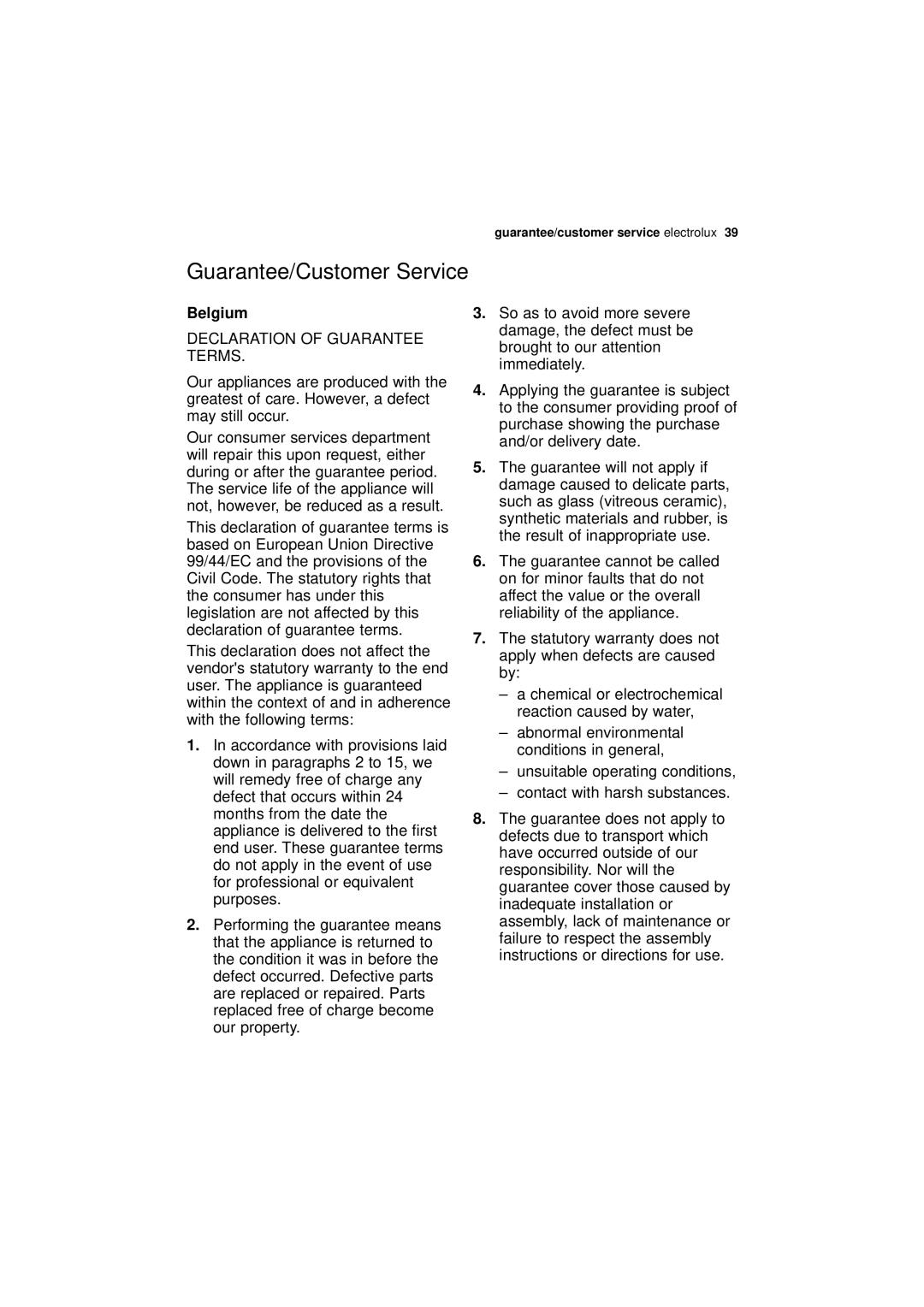 Electrolux ESF 43010 user manual Guarantee/Customer Service, Belgium 