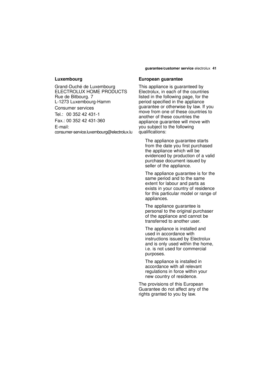 Electrolux ESF 43010 user manual Luxembourg, European guarantee 