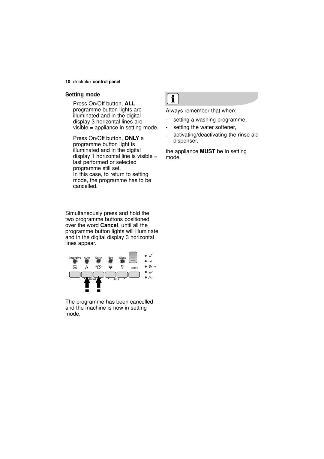 Electrolux ESF 45010 user manual Setting mode 