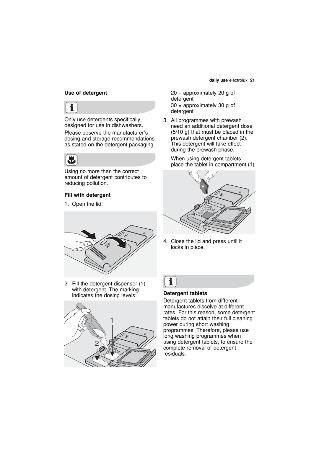 Electrolux ESF 45010 user manual Use of detergent, Fill with detergent, Detergent tablets 