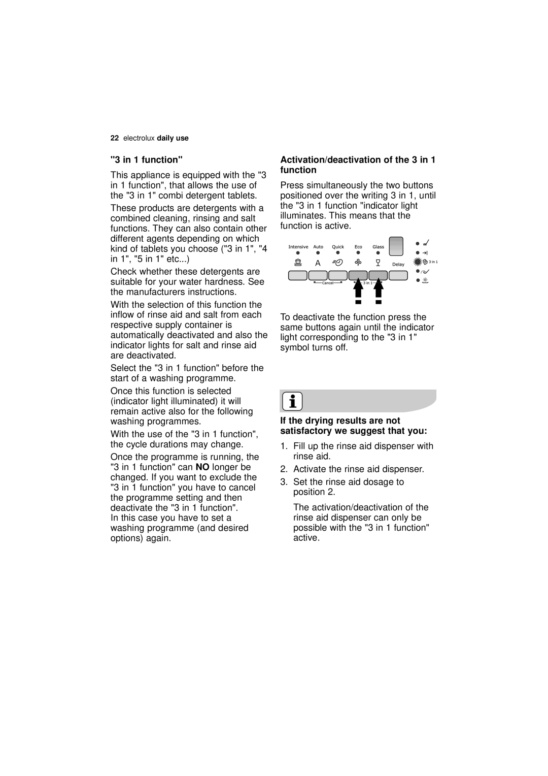 Electrolux ESF 45010 user manual Activation/deactivation of the 3 in 1 function 