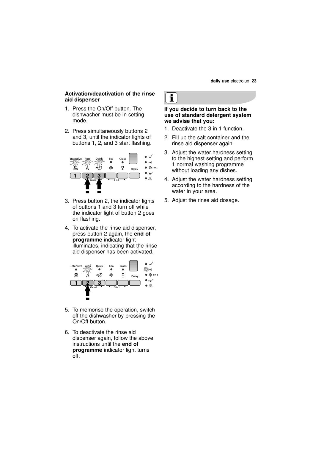 Electrolux ESF 45010 user manual Activation/deactivation of the rinse aid dispenser 