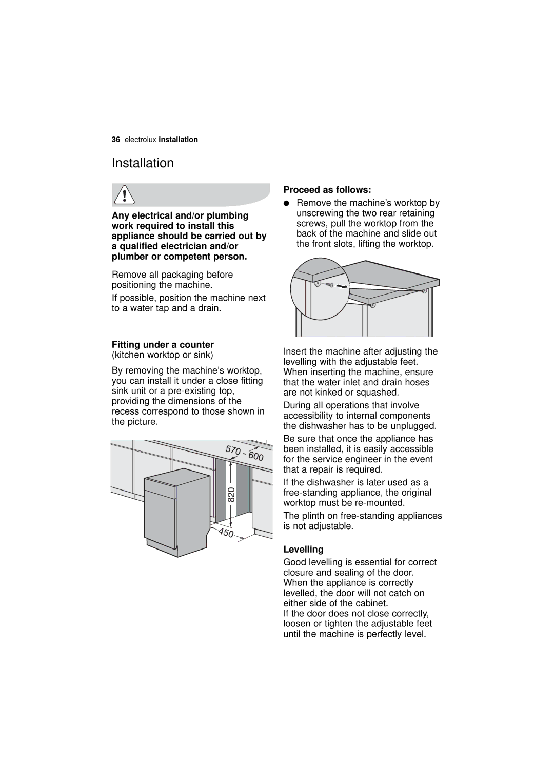 Electrolux ESF 45010 Installation, Fitting under a counter kitchen worktop or sink, Proceed as follows, Levelling 