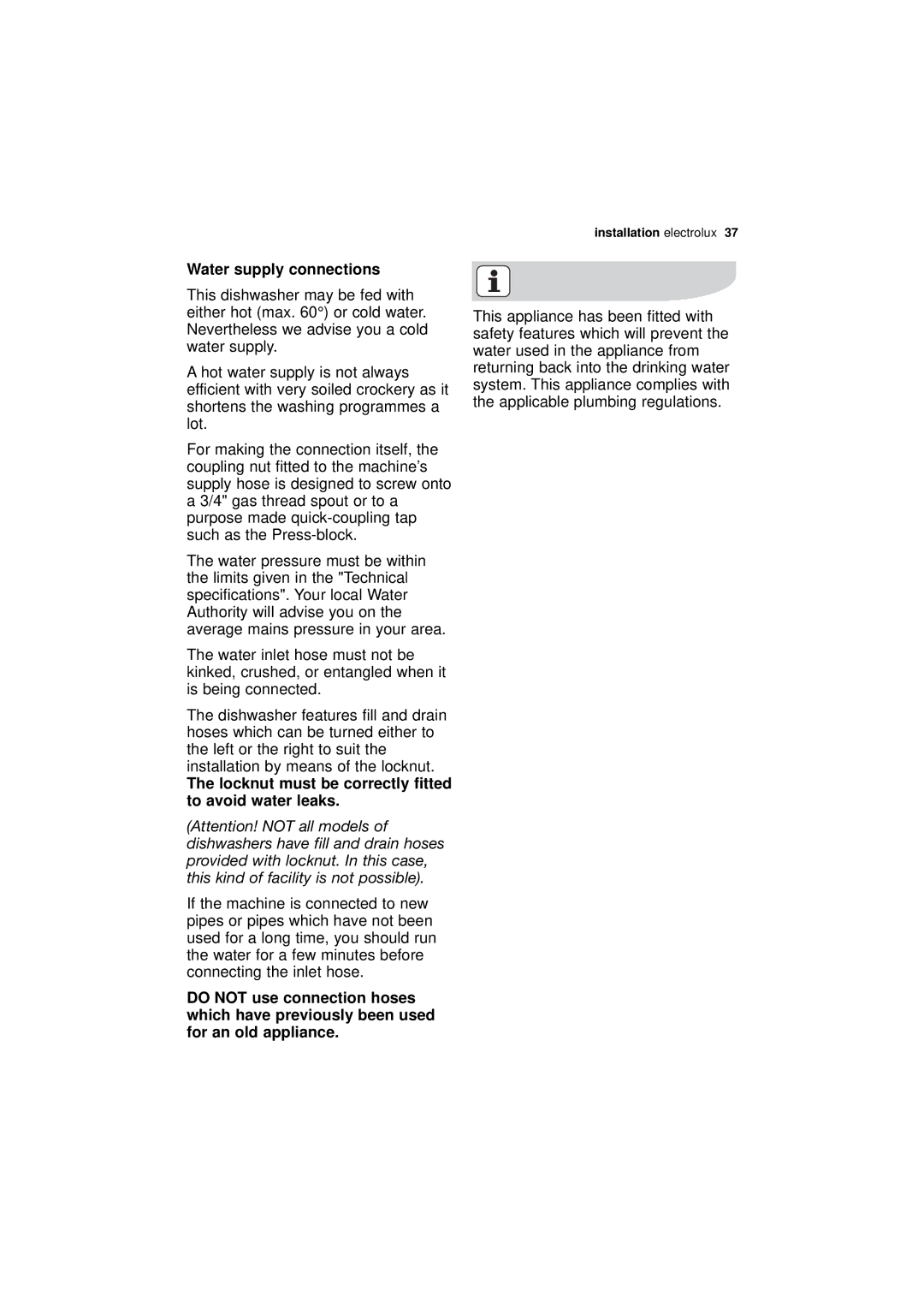 Electrolux ESF 45010 user manual Water supply connections, Locknut must be correctly fitted to avoid water leaks 