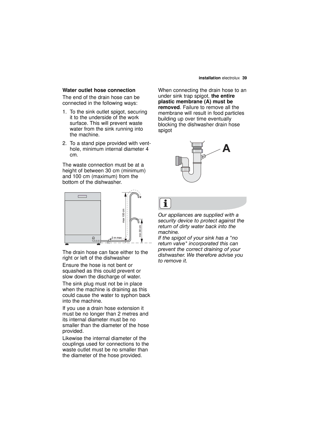 Electrolux ESF 45010 user manual Water outlet hose connection 