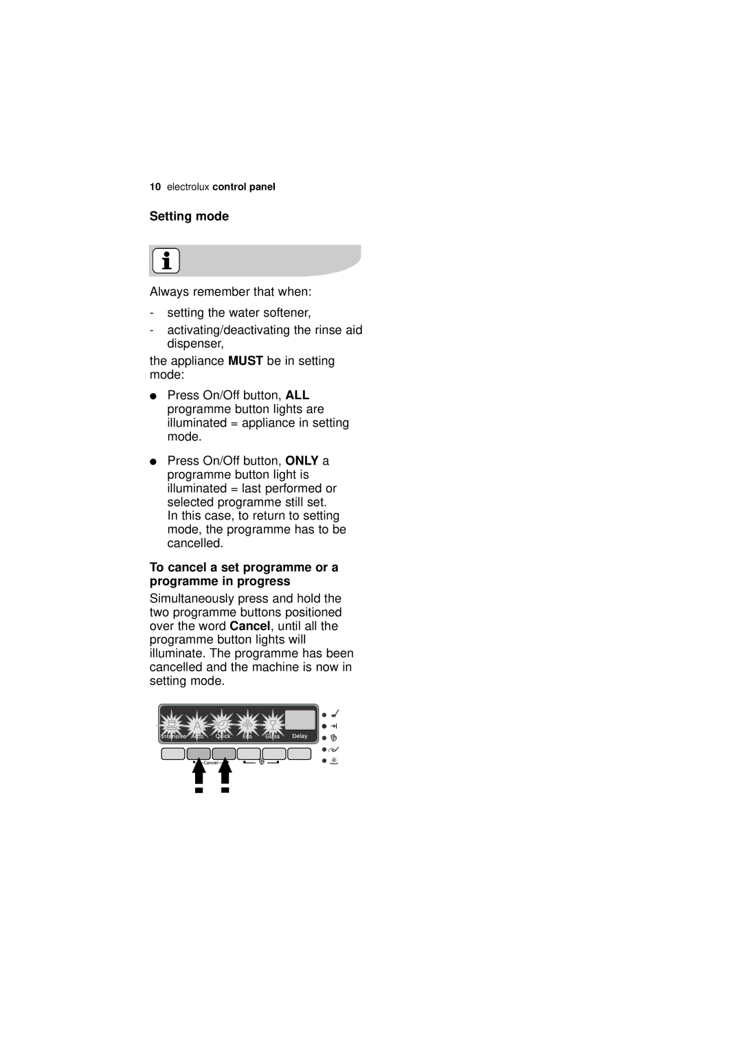 Electrolux ESF 46010 user manual Setting mode, To cancel a set programme or a programme in progress 