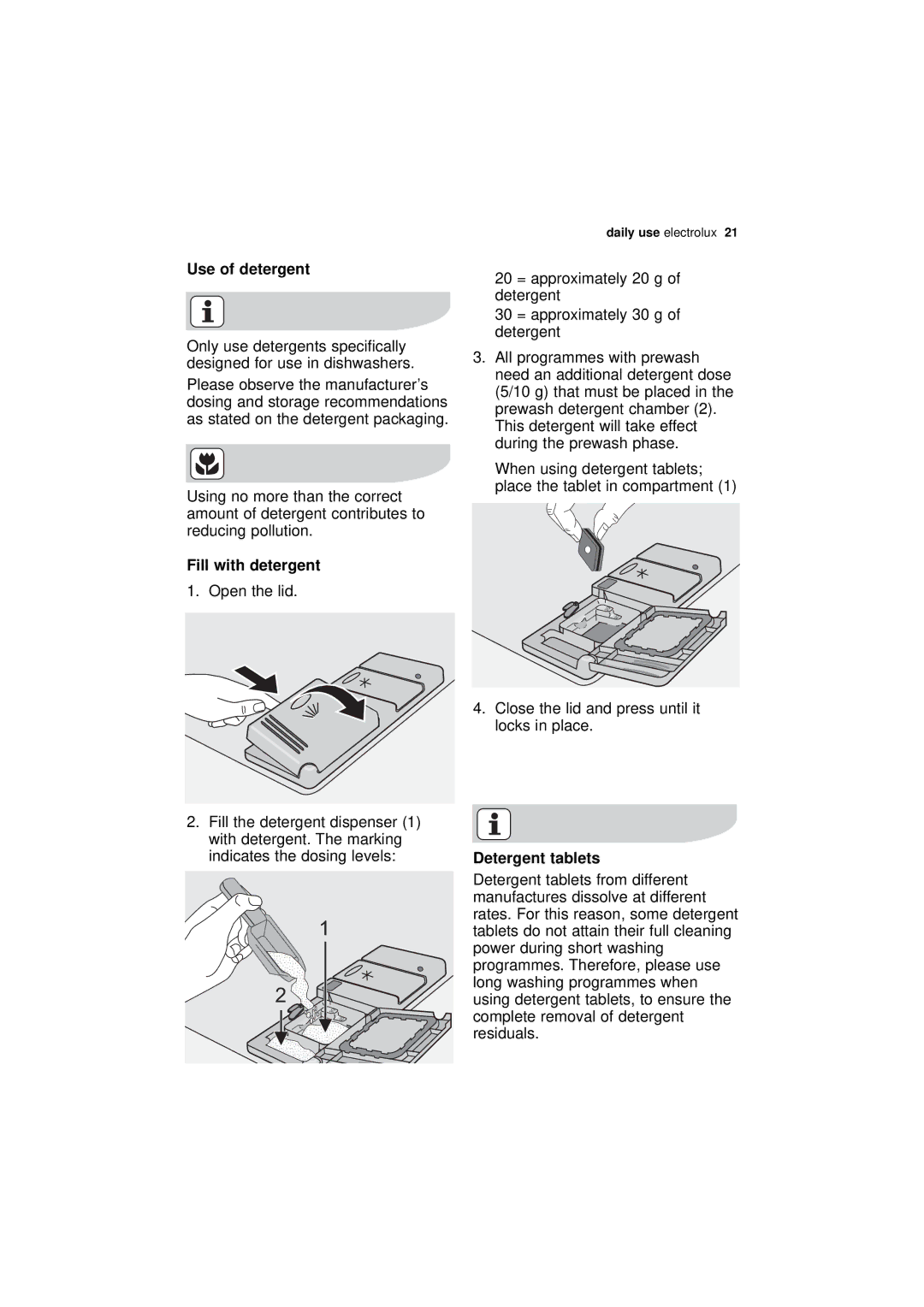 Electrolux ESF 46010 user manual Use of detergent, Fill with detergent, Detergent tablets 