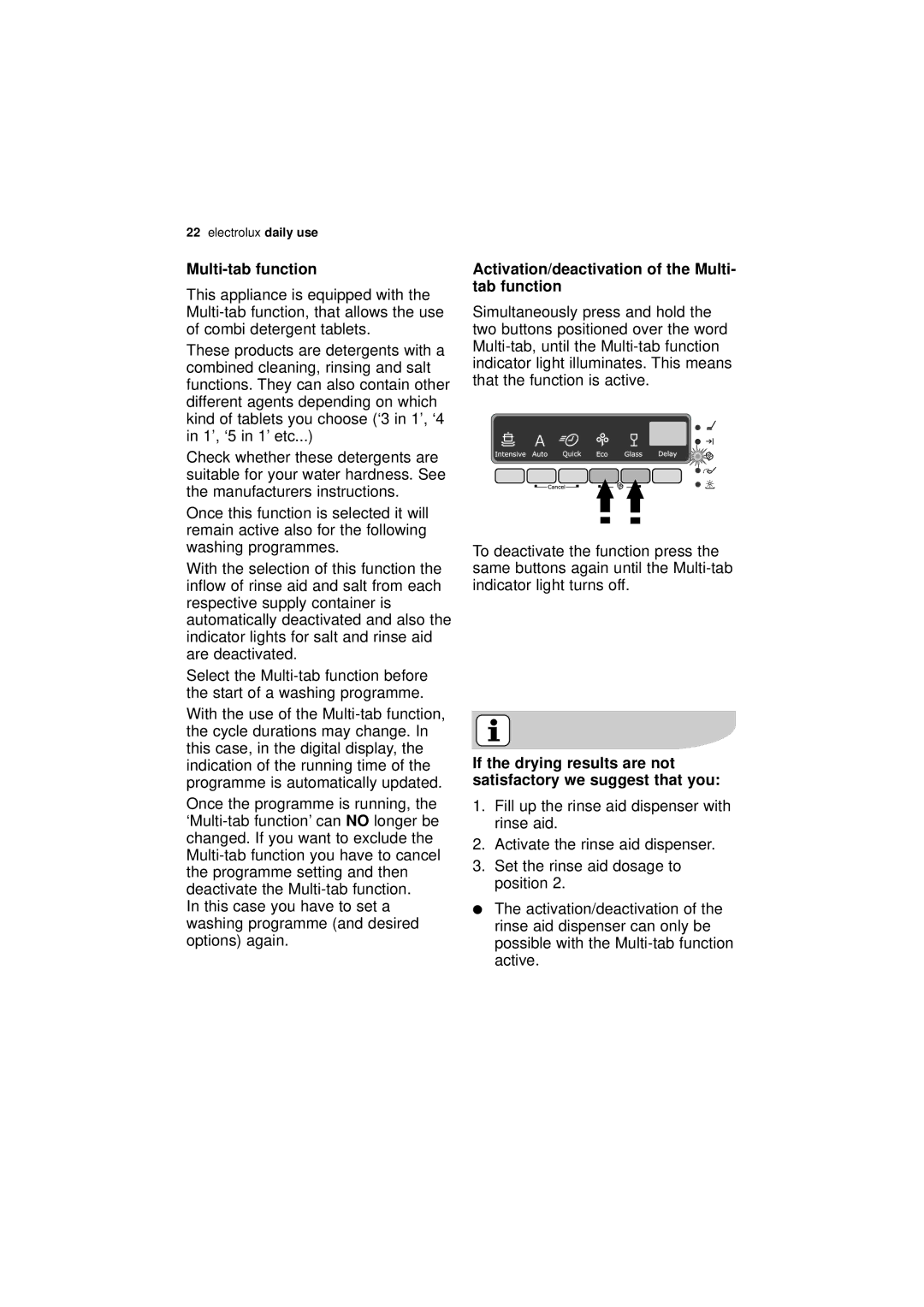 Electrolux ESF 46010 user manual Multi-tab function, Activation/deactivation of the Multi- tab function 