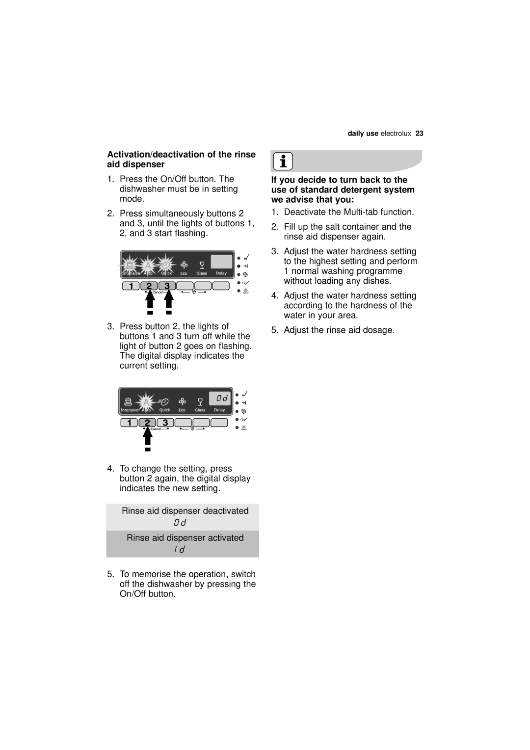 Electrolux ESF 46010 user manual Activation/deactivation of the rinse aid dispenser 